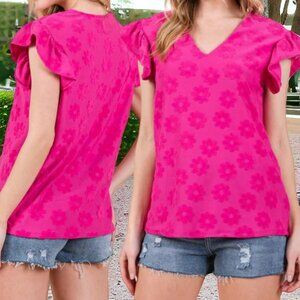 BOMBOM (S) Fuchsia Floral Textured Ruffle Sleeve Top